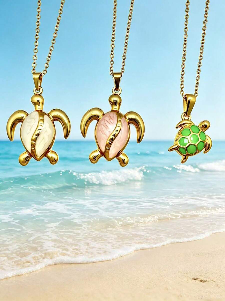 1 pieza Colgante de collar de acero inoxidable 304 con electrochapado dorado, estilo océano, diseño de tortuga y concha, cadena de clavícula, joyería de playa de verano - Multicolor - Ver 1