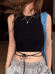 2026 Summer New Black Sexy Knit Camisole Top, Cross Strap Fitted Cropped Vest For Women - Black - View 3