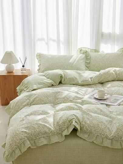 3pcs 100% Polyester 2026 New Romantic Floral Ruffled Duvet Cover Set, Includes 2 Ruffled Pillowcases + 1 Ruffled Duvet Cover (No Bed Sheet),Mint Green