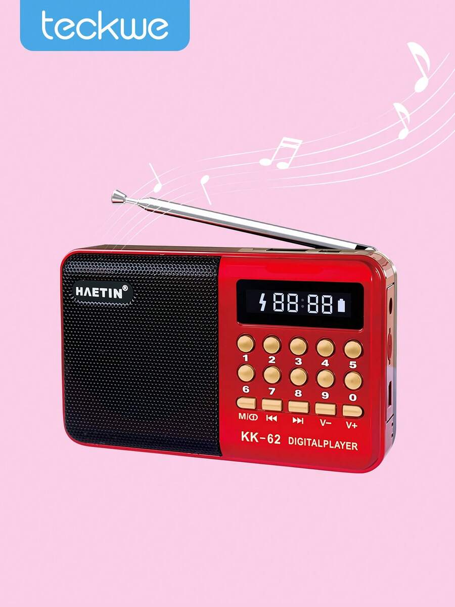 Teckwe Mini Radio MP Card Multi Functional Radio Multi Functional Portable Home Use Radio Player Walkman Radio Player Gift For Elderly Morning Exercise Portable Player, Red - Red - View 1
