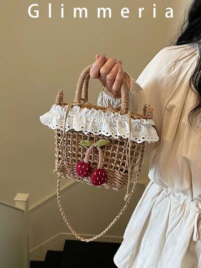 Bolso de mano tejido con encaje dulce, bolso de hombro y bandolera versátil y casual para playa y vacaciones de verano