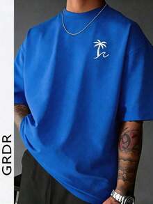 Camiseta de manga corta con estampado de palmeras y cuello redondo para hombre GRDR, casual y a la moda. - Azul - Ver 1