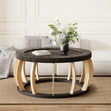 Vintage Round Coffee Table Made Of Rattan And Solid Wood, Boho Style Side Table With Curved Legs For Dining Room, Kitchen And Living Room, Natural Color. - 黑色 - 查看 2