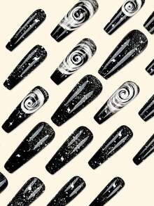 24pcs Black Fashionable French Rectangular Fake Nail Tips, With Starry Swirl Pattern, Includes Jelly Glue And Nail File, Suitable For Party, Event And Daily Wear. Suitable For Hen Party, Prom And Casual Daily Wear. Removable And Reusable Nail Art Decoration - Multicolor - View 2