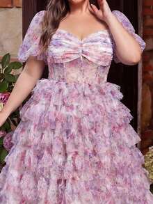 大码优雅舞会礼服，长款花卉荷叶边网纱甜心领泡泡袖浪漫派对礼服，适合春季婚礼、花园派对等场合。 - 紫色 - 查看 4