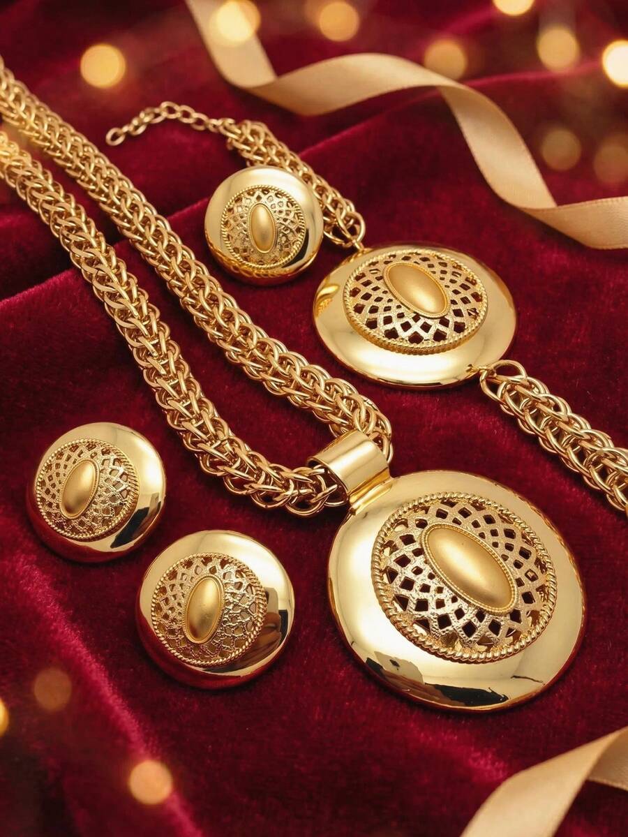 18K Gold Plated Vintage Jewelry Set For Women, Big Round Hollow Medallion Pendant Necklace Earrings Set, Luxury African Dubai Bridal Wedding Party