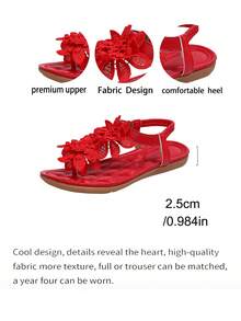 Women's Elegant Sandals, White Floral Decor, Fairy Tale Style For Summer, Open Toe Design, Fabric Upper And Lining, Non-Slip Outsole, Microfiber Insole - Red - View 5