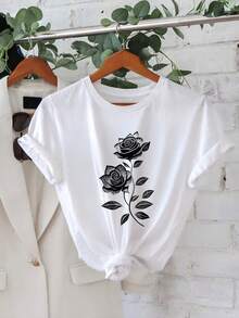 Camiseta Oversize Blanca con Estampado de Rosas Negras para Mujer Verano Casual - Blanco - Ver 2
