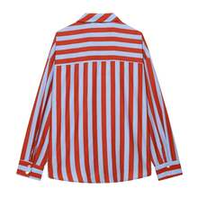 女士春夏优雅休闲蝴蝶结领撞色条纹衬衫 - 紅藍色 - 查看 5