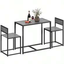 Dining Table And Chairs Set 2, Dining Room Sets, Rectangular Space Saving Table And 2 Chairs For Compact Kitchens, Steel Frame, Grey Wood-Effect - Charcoal Grey Wood-effect - View 1
