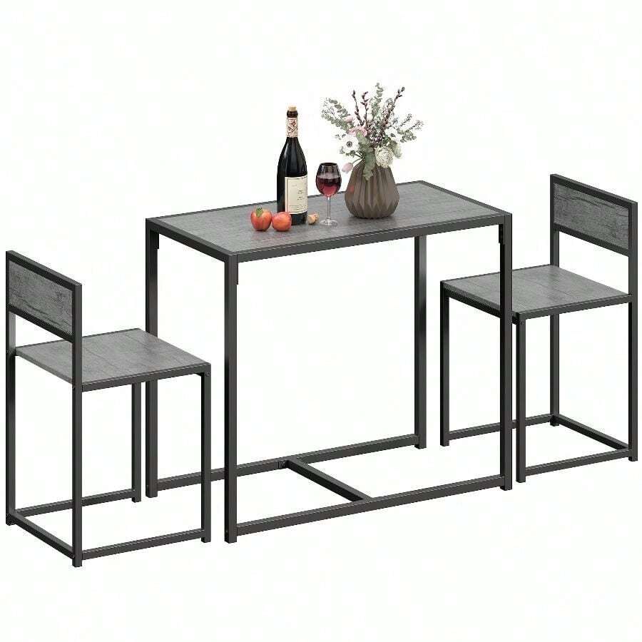 Dining Table And Chairs Set 2, Dining Room Sets, Rectangular Space Saving Table And 2 Chairs For Compact Kitchens, Steel Frame, Grey Wood-Effect - Charcoal Grey Wood-effect - View 1