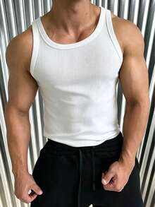 Men's Casual Fashionable Elastic Fitted Contrast Color Tank Top - White - View 3