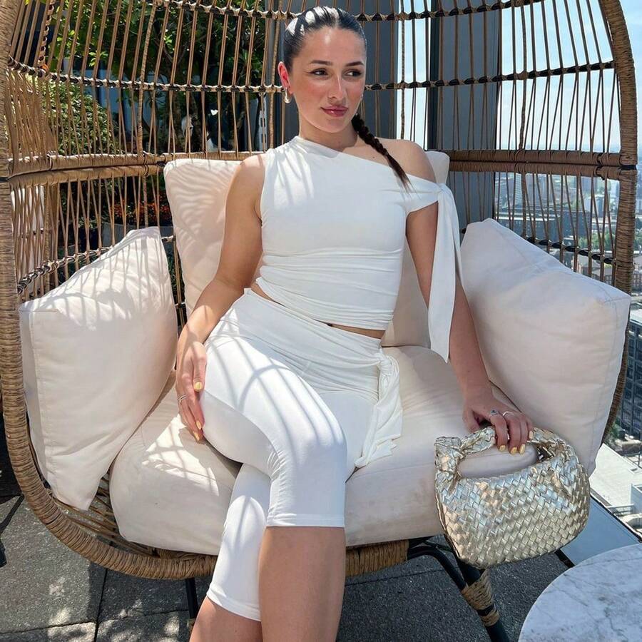 Women's Two Piece Set, One Shoulder Sleeveless Draped Top Leggings Elegant Party Going Out Outfit - 白色 - 查看 1