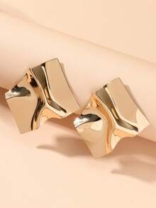 1 Pair Shiny Metal Fashionable Wave Design Stud Earrings, Suitable For Women's Daily Wear - Gold - View 5