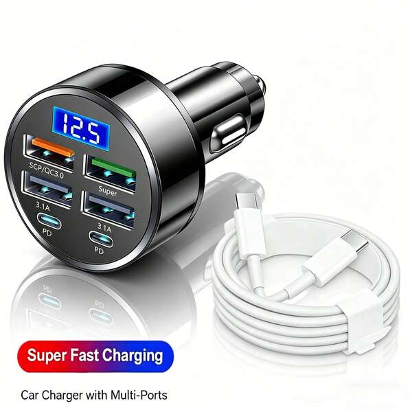 6端口多功能车载充电器+USB-C转Type-C 3.3英尺充电数据线，便携式快速充电多端口车载充电器带数字显示屏，高效数据充电线适用于 17/16/15/14/13/12、S26/S25/S24/S23/S22/S21/S20，
