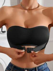 2pcs/Set Front Closure Solid Color Strapless Bandeau Bra With Upgraded Non-Slip Silicone Strips, Comfortable Soft Cup Wireless Bra, Lingerie For Women (Black+Apricot) - 彩色 - 查看 6