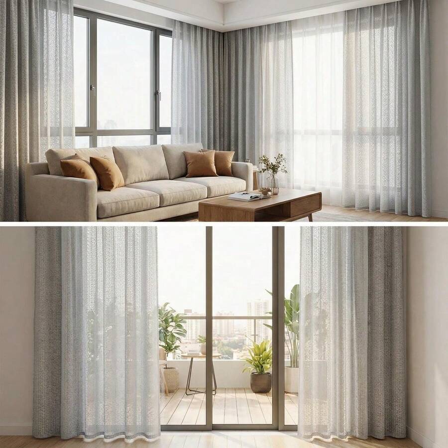 1 pieza Cortina de voile de encaje gris claro de estilo europeo de alta gama, iluminación suave, protege la privacidad para la sala de estar y el dormitorio, con ojales en la parte superior - Gris Claro - Ver 1