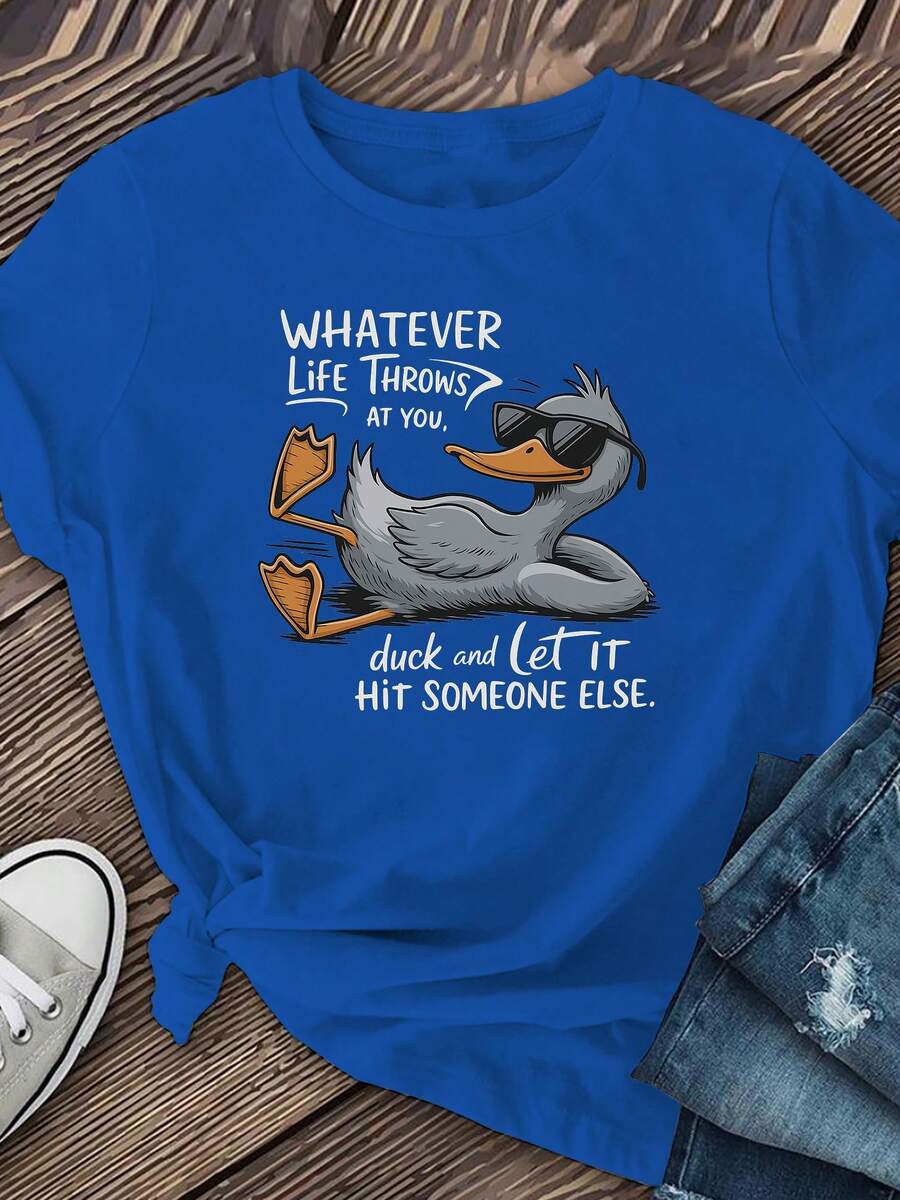Camiseta estampada GiftGiftDuck, camiseta casual de manga corta, camiseta estampada de cuello redondo, tela transpirable, adecuada para primavera, verano y otoño. - Azul - Ver 1