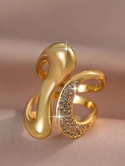 jealous young 1枚极简艺术镀金不对称流线型开口半抛光半镶嵌立方氧化锆铜女士戒指，适合节日、派对、日常佩戴，经久耐用，时尚百搭，四季皆宜