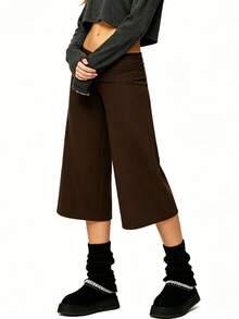 Fold Over Gaucho Pants Culottes For Women Low Rise Capris Foldover Flowy Going Out Flare Bottoms Wide Leg Capri Pants - 棕色 - 查看 5