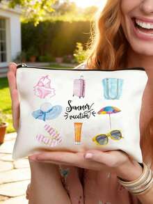 Borsa cosmetica da viaggio estiva in acquerello, pochette in tela con zip e stampe da spiaggia, organizer per il trucco da viaggio carino con bikini e occhiali alla moda - Multicolore - Visualizzare 3