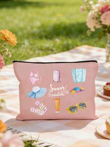Borsa cosmetica da viaggio estiva in acquerello, pochette in tela con zip e stampe da spiaggia, organizer per il trucco da viaggio carino con bikini e occhiali alla moda - Multicolore - Visualizzare 10