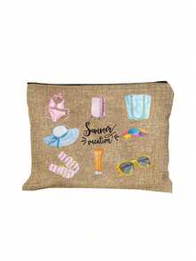 Borsa cosmetica da viaggio estiva in acquerello, pochette in tela con zip e stampe da spiaggia, organizer per il trucco da viaggio carino con bikini e occhiali alla moda - Multicolore - Visualizzare 14