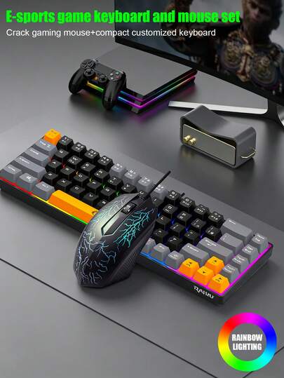 K68 Wired Keyboard And Mouse Set, 68-Key Mechanical Feel Mini Rainbow RGB Backlit Keyboard, Lightning Design Glowing Gaming Mouse, Low Latency Plug And Play, Gray And Orange Dual-Color High-Aesthetic, Suitable For Office And Gaming, Compatible With PC/Laptop, Universal For Students, LOL/CS/