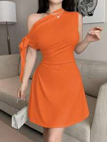 Vestido minimalista para mujer con estampado floral de tinta, hombro asimétrico con lazo, cintura ajustada - Naranja - Ver 3