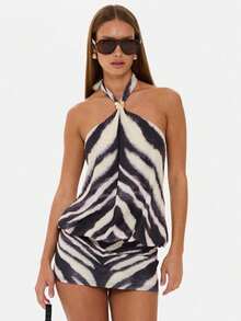 Women Summer Zebra Print Halter Neck Short Dress With Gold Metal Ring Detail Open Back - 黑色 - 查看 1