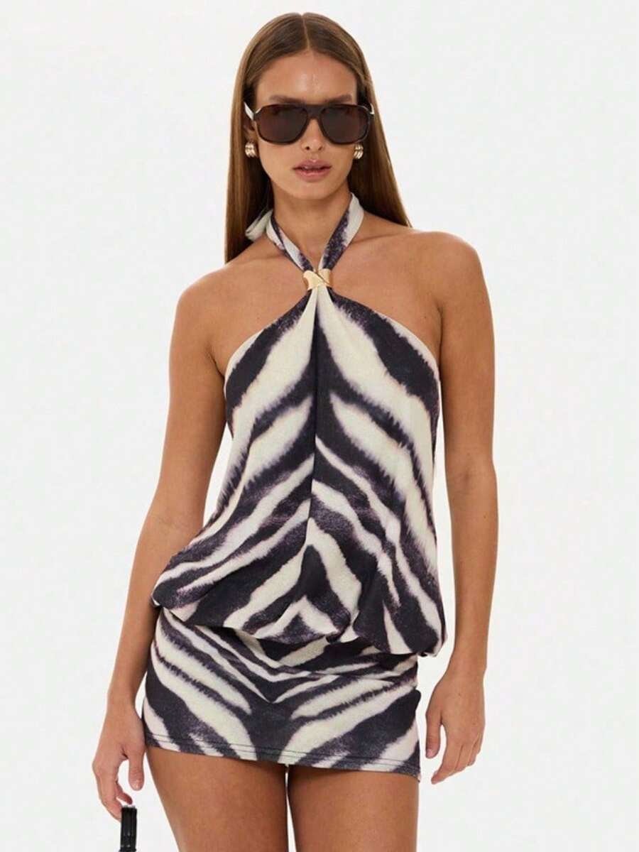 Women Summer Zebra Print Halter Neck Short Dress With Gold Metal Ring Detail Open Back - 黑色 - 查看 1