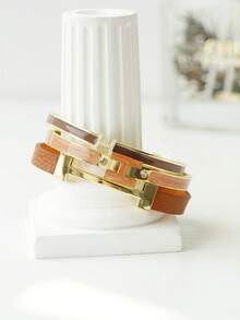3pcs Fashionable Chic Golden Letter Leather Bracelets, Personalized Accessories Gift For Girlfriend - 3-piece Set - Brown Combination - View 10