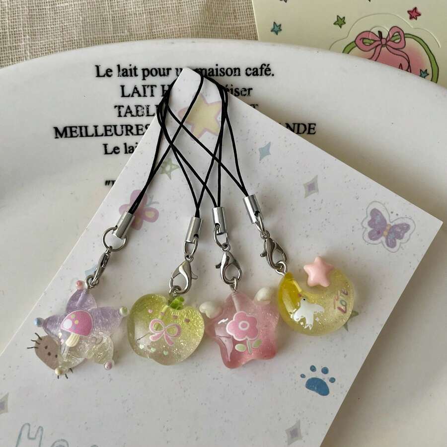 6pcs Delicate Sparkling Wing Star Resin Pendant Phone Lanyard, Cute Phone Charm, Soft Girl Phone Accessory, Suitable For Phone, Camera, Backpack, Gift For Girlfriend, Couple