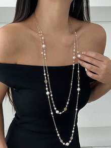 2pcs Elegant Double-Layer Long Necklace Set With Faux Pearl And Silver Beads, Bohemian Style Suitable For Daily Wear And Parties, Ideal Gift For Christmas, Valentine's Day, All Seasons, Weddings, Friends - Long Necklace - View 3