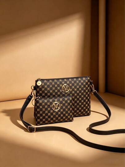 Women's Retro Polka Dot Print Crossbody Bag + Coin Purse Set, Suitable For Holiday Beach