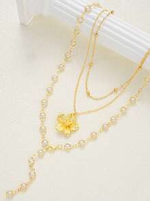 2pcs/Set Vintage Bohemian Style Metal Faux Pearl Flower Tassel Necklace Set, Y-Shaped Chain, Suitable For Daily Wear And Beach Vacation (Slight Variation In Flower Design, Refer To Actual Product) - Bohemian Style - View 3