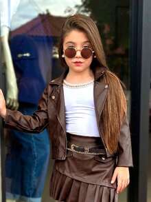 Women's Leather Set - Jacket + Skirt Shorts, Modern Style, Children's Fashion - 鏽棕色 - 查看 2