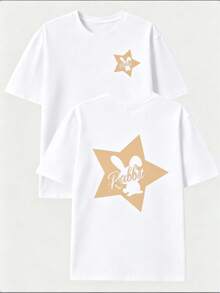 1 Piece Package: Men's 100% Cotton Crew Neck T-Shirt, Casual Style With Letter Print And Rabbit Design On Both Sides - Summer Short Sleeve T-Shirt, Crew Neck, Rabbit Design On Front And Back, Regular Fit, Suitable For Gym, Outdoor Activities And Daily Wear - Easy Clean Summer Essential, Daily Casual Outfit, Versatile Men's T-Shirt. - 白色 - 查看 8