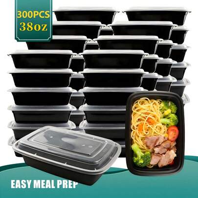 38oz Black 300-Pack (150 Containers & 150 Lids) Rectangular Food Storage Container Set, Stackable Leak-Proof Food Storage Container Set, Disposable Lunch Boxes, Perfect For Food Trucks, Catering, Office Lunch, Family Leftovers, Party Takeout And Picnics, Microwave, Dishwasher And Refrigerator