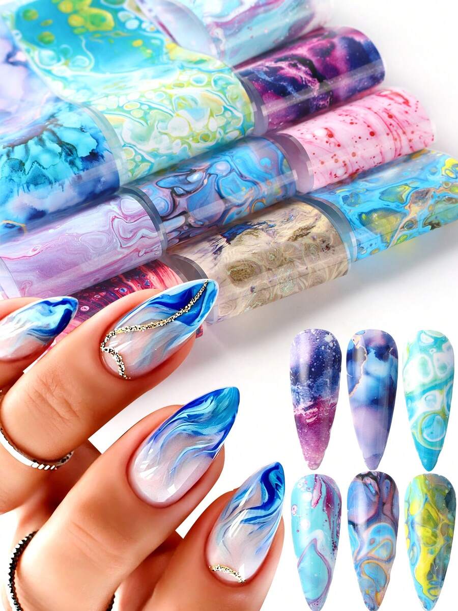 FULL BEAUTY 10片装流体艺术大理石纹美甲贴纸,彩色抽象液体墨水星云水彩美甲贴花,全贴大理石纹理星空美甲装饰,适用于亚克力美甲DIY美甲用品 - 彩色 - 查看 1