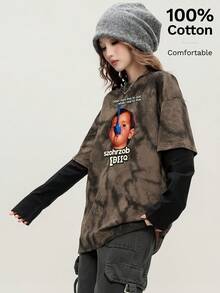 JUTU Spring & Autumn Casual Cute Hand-Painted Pattern All-Over Print Patchwork 2 In 1 Long Sleeve Round Neck Loose Knit Coffee & Black Top, Suitable For Vacation & Street Carnival - 409 Coffee Black - KJ0213 - View 2