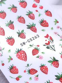 SWEET TREND 3D可愛草莓美甲貼紙2片裝 卡通紅草莓粉色花瓣綠葉設計 DIY Y2K夏季水果時尚自黏凝膠指甲油貼花美甲裝飾 - 彩色 - 查看 7