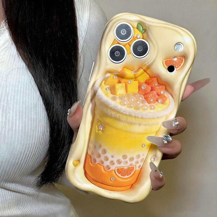 Nuevo estuche de teléfono con estampado de pomelo de té con leche, diseño plano 2D, valioso estuche de teléfono, protector anti-caídas y anti-arañazos, a prueba de golpes y cómodo de sostener, adecuado para el uso diario del teléfono X7B 4G. Estuche de teléfono de moda con diseño único - amarillo cremoso - Ver 1