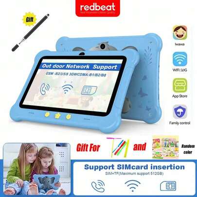  Redbeat B1 7-Inch Android Tablet For Kids, 6GB RAM + 32GB Storage, Expandable To 512GB, Supports 3G LTE SIM Card, Parental Control App, Shockproof & Dropproof Kids Protective Case, Blue Light Filter, Educational Gift For Children Aged 3-12, Blue