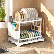 Double-Layer Kitchen Drainer, Dish And Plate Drainer, Countertop Plate And Cup Holder - White - View 2