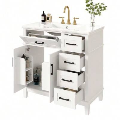 90 X 46 X 87 Cm, White Lacquered Bathroom Cabinet, Soft-Close Drawers, Folding Handle, Double Shelf On The Door, Solid Wood Legs, Black Handle, Integrated Ceramic Sink.