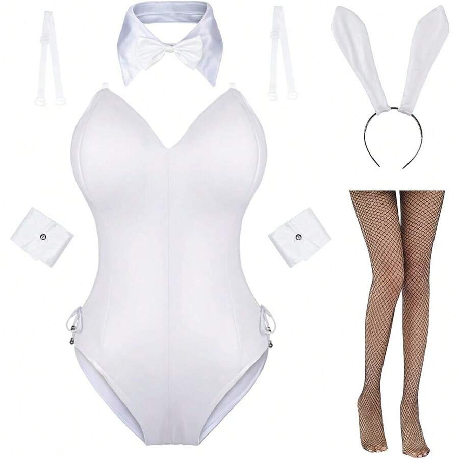 Womens Bunny Costume Girl Suit Senpai Cosplay Anime Role Costume One Piece Bodysuit Stockings Set - 白色 - 查看 1
