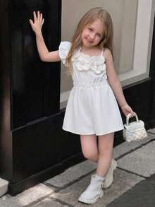 Young Girl's Solid Color Beaded 3D Floral Decor White Sleeveless Jumpsuit, Suitable For Daily Play, Weekend Outings, Party Occasions - White - View 2