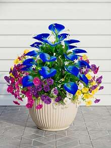 5 ramos de lirio de cala azul artificial, flores de campanilla de colores mixtos, estilo granja americana - resistente a los rayos UV, arbusto de floración de primavera de plástico, no se desvanece - adecuado para decoración del hogar, porche, alféizar de la ventana, maceta, jardín del hogar, decoración de patio, decoración interior/exterior, decoración de primavera/verano - Multicolor - Ver 2