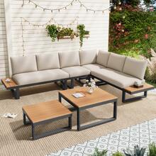 Garden Furniture Set, Corner Configuration, With Adjustable Tilt Function (5 Positions, Up To 55°), Galvanized Steel Tubing, Plastic Wood Tabletop, With Two Coffee Tables - Camel - View 2